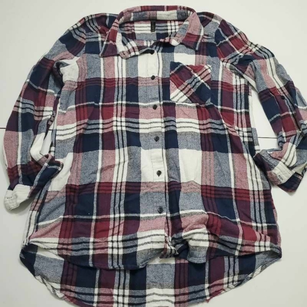 Full Tilt Womens Button Front Shirt White Plaid Herringbone Long Sleeve Collar M